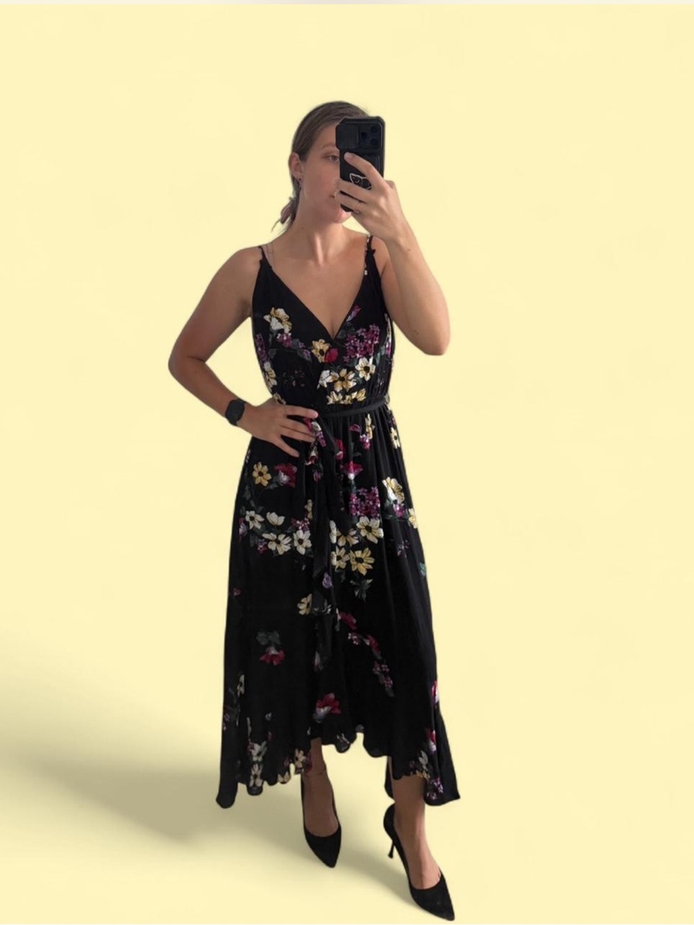 Black Floral V-Neck Midi Dress with Tie Waist